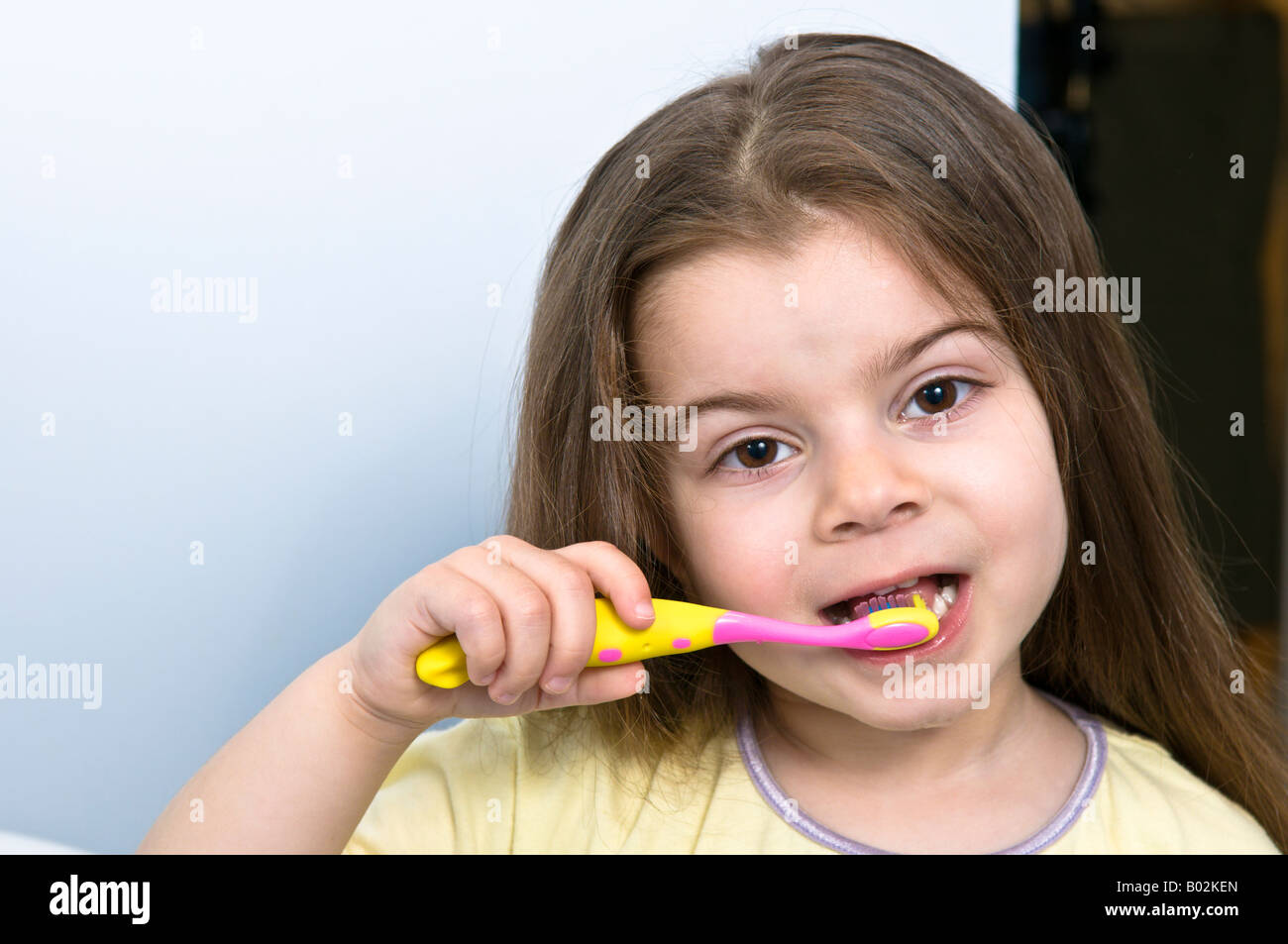 A young girl 4 years old with long brown hair brushes her teeth with a brightly colored pink and yellow child s toothbrush. Stock Photo