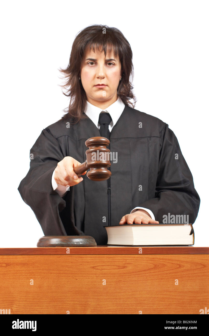 Angry female judge pointing at you in a courtroom Focus on gavel and