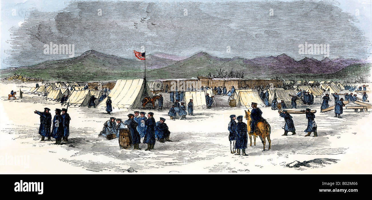 Army camp for soldiers building Fort Bridger in Wyoming 1850s Stock