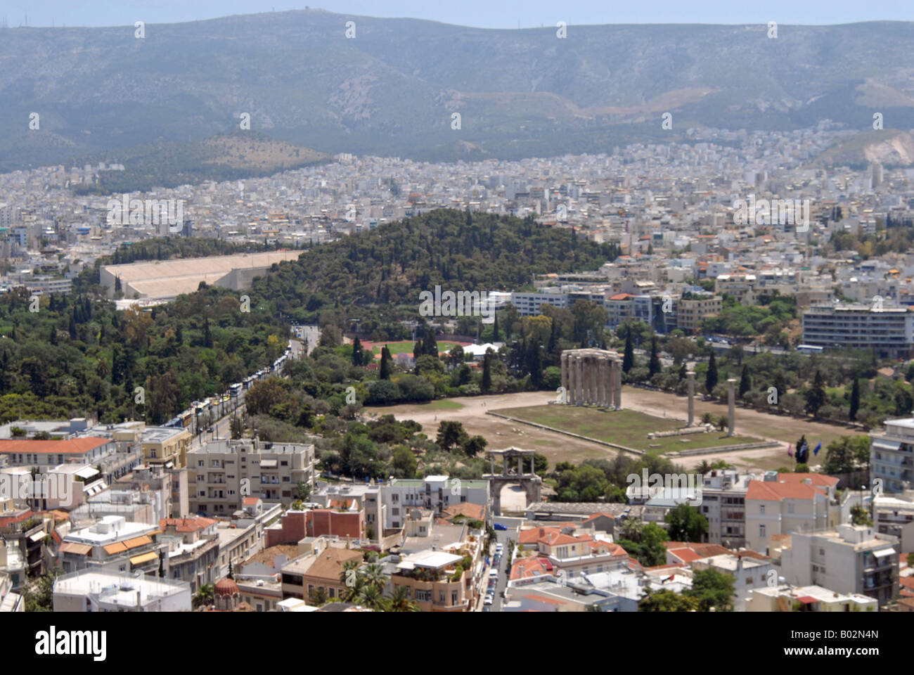 View from the top of the Acropolis showing Plaka and the Stadium where first Greek Olympics where played Stock Photo