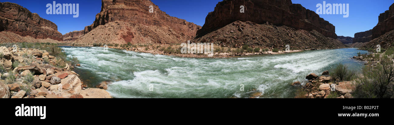 panoramic of the Colorado River flowing through Badger Creek rapid in Marble Canyon Grand Canyon Arizona Stock Photo