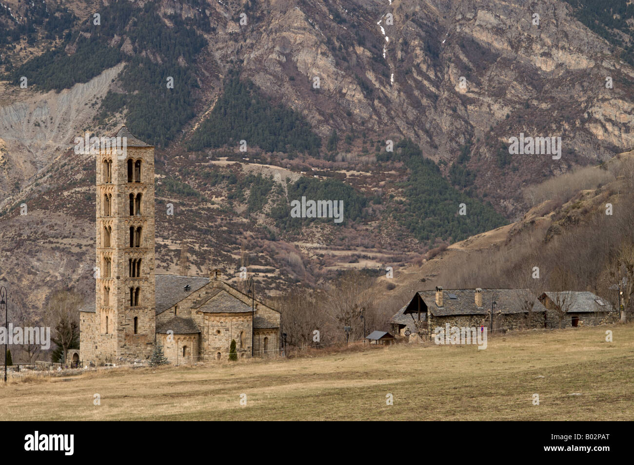 Sant Climent de Taüll is a Romanesque style 12 century church in Vall de Boi at the Pyrenees foothills in Catalonia (Spain) Stock Photo