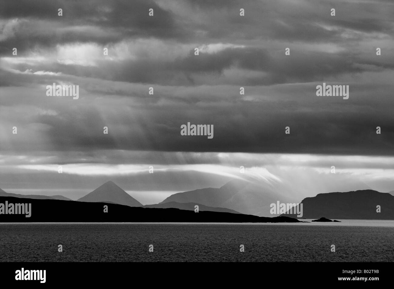 Storm approaching over the Isle of Skye Inner Hebrides North West Scotland UK GB EU Europe monochrome Stock Photo