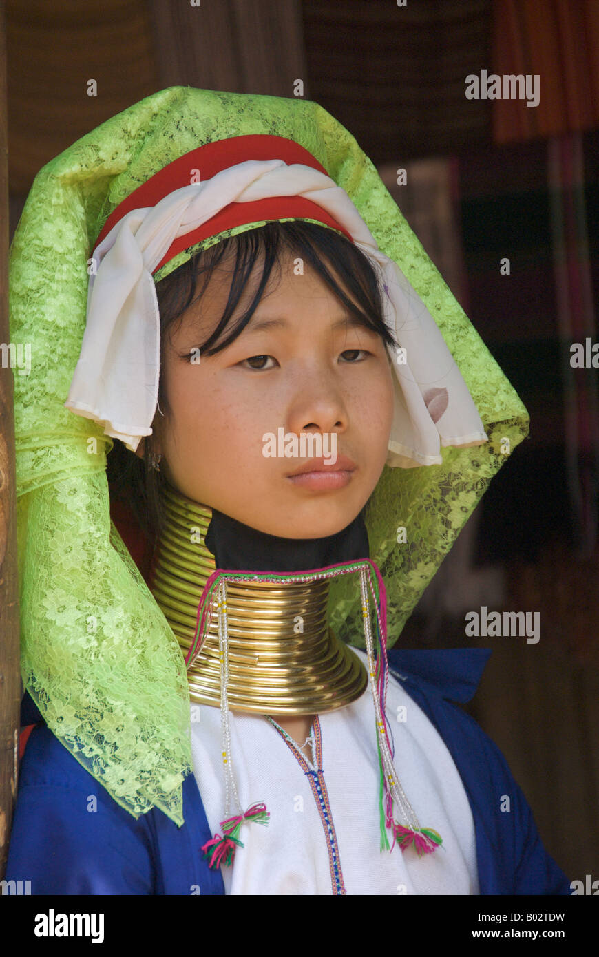 Portrait Long Neck Karen Hill tribe girl Chiang Rai Province Northern Thailand Stock Photo