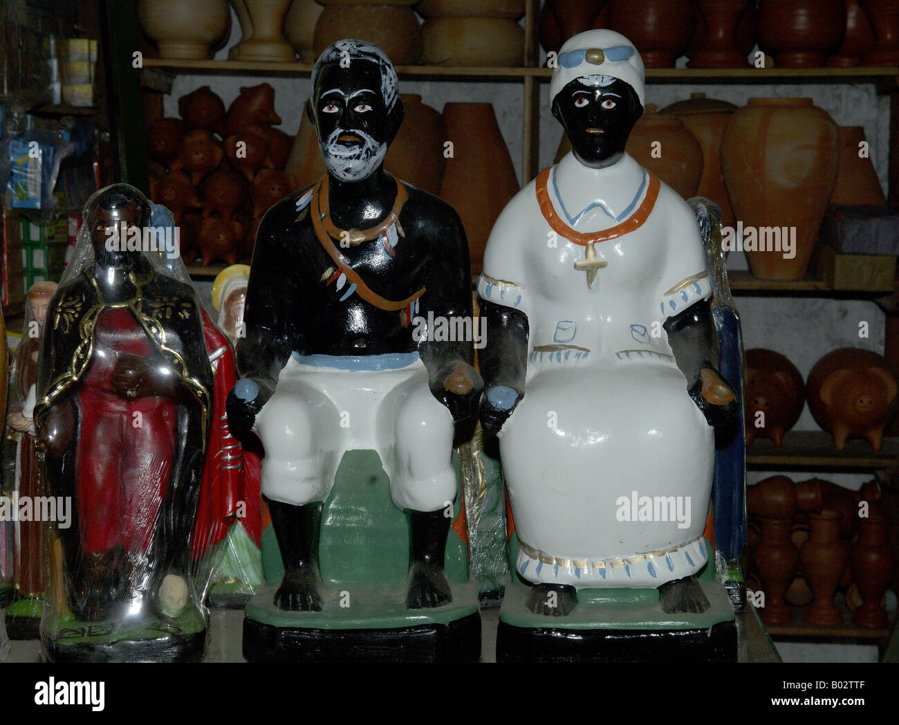 Products, artifacts of ceramic and other materials sold in the opened and stalls of Sao Joaquim market in the city of Salvador, Stock Photo