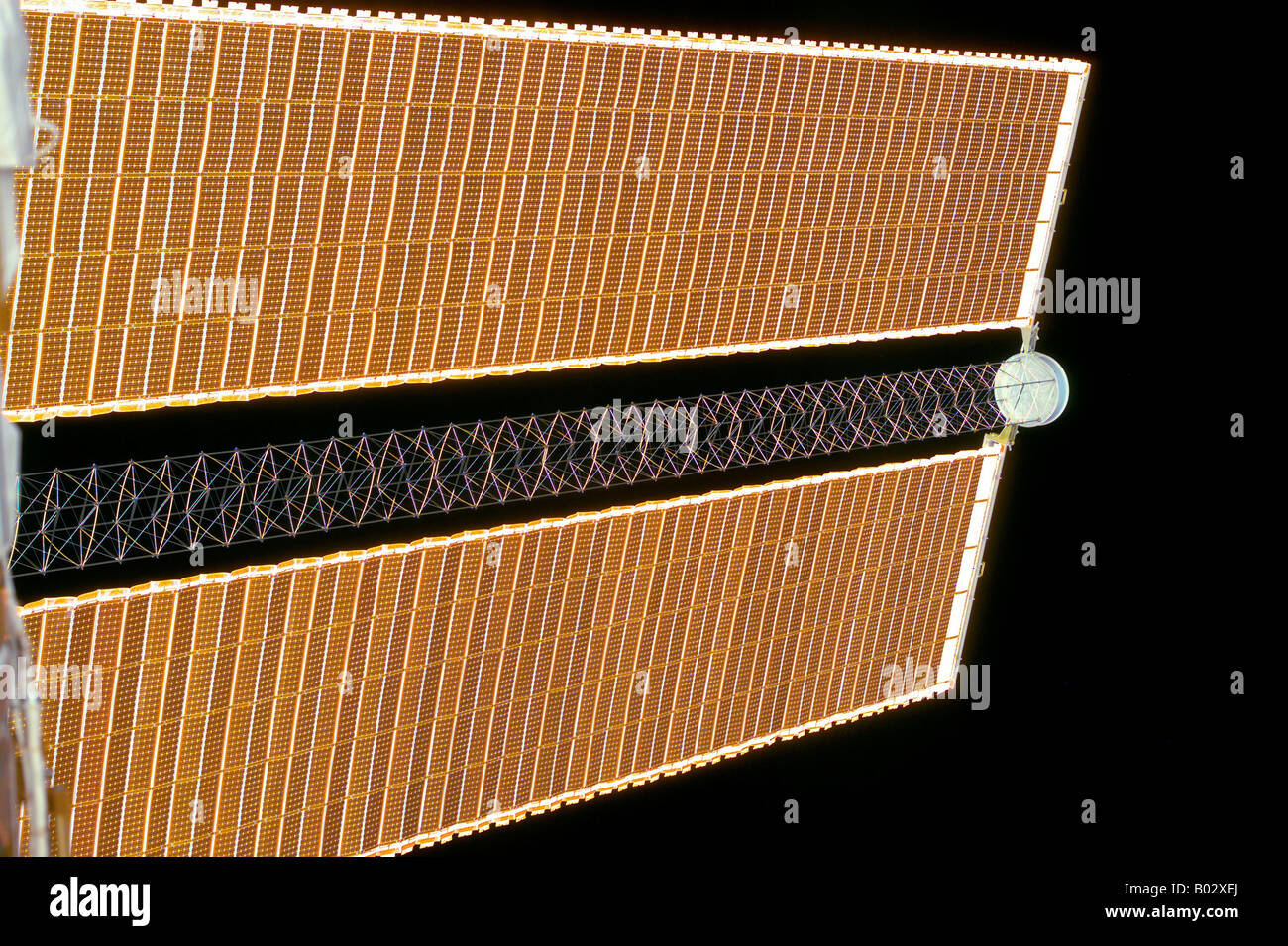 A close-up view of the solar arrays on the International Space Station. Stock Photo