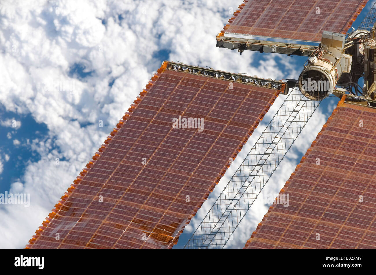 A close-up view of the solar arrays on the International Space Station. Stock Photo