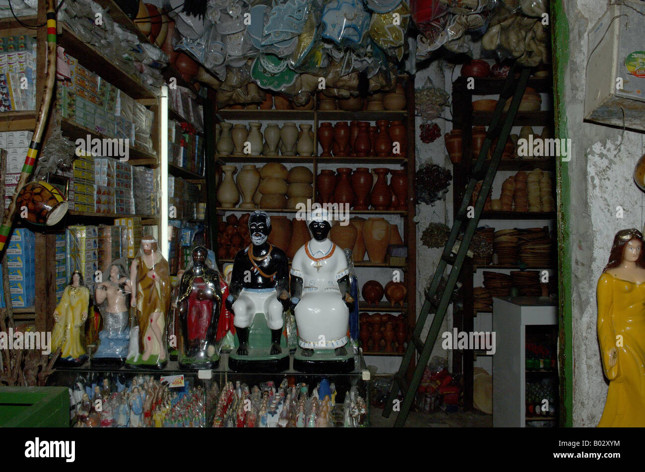 Products, artifacts of ceramic and other materials sold in the opened and stalls of Sao Joaquim market in the city of Salvador, Stock Photo