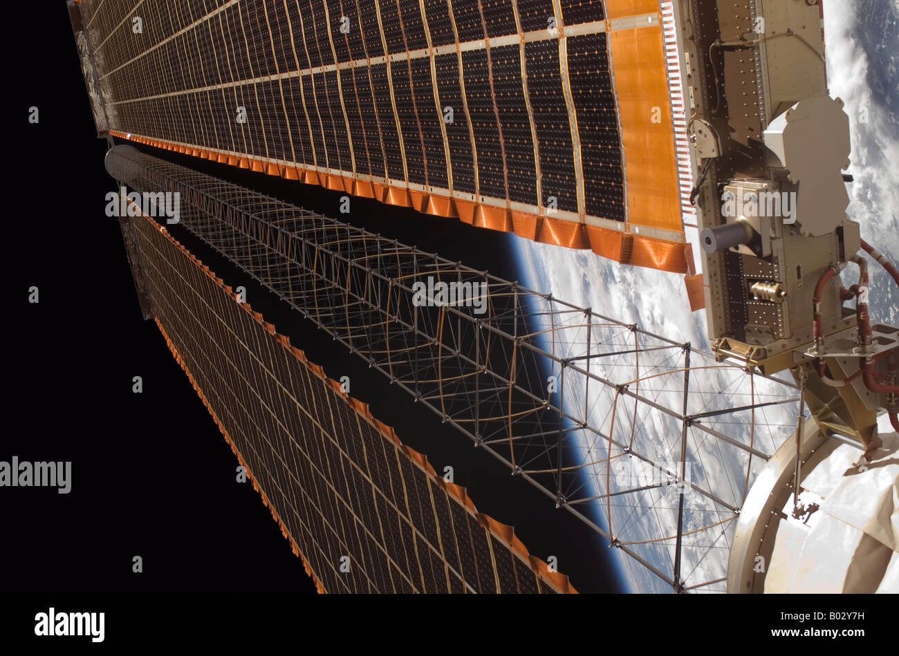 A solar array wing on the International Space Station. Stock Photo