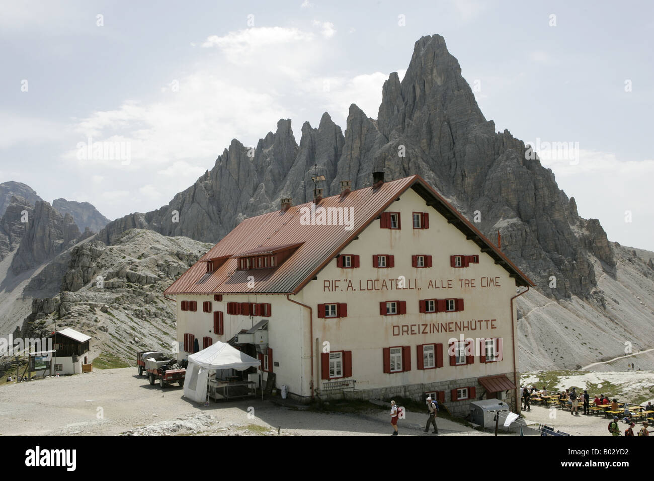 Locatelli refuge Lavaredo with Tre Cime mountains in the background. Stock Photo