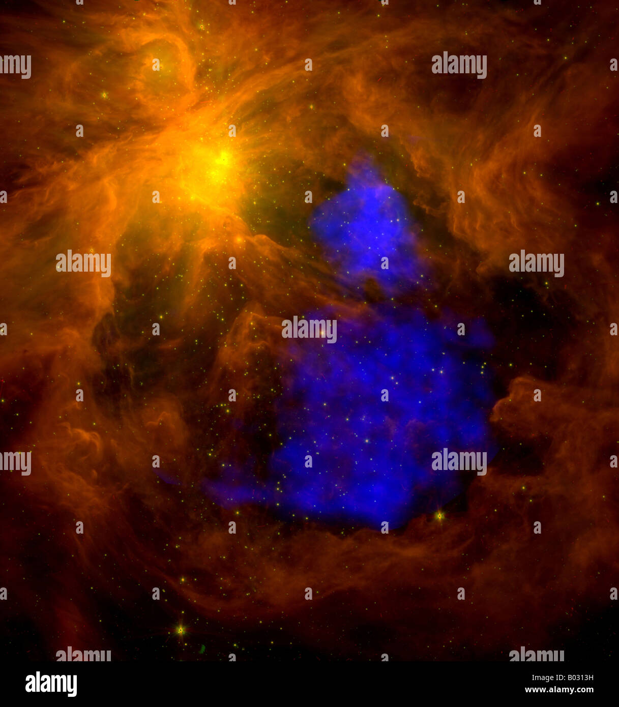 This is a Spitzer image of the Orion nebula in the infrared overlaid ...