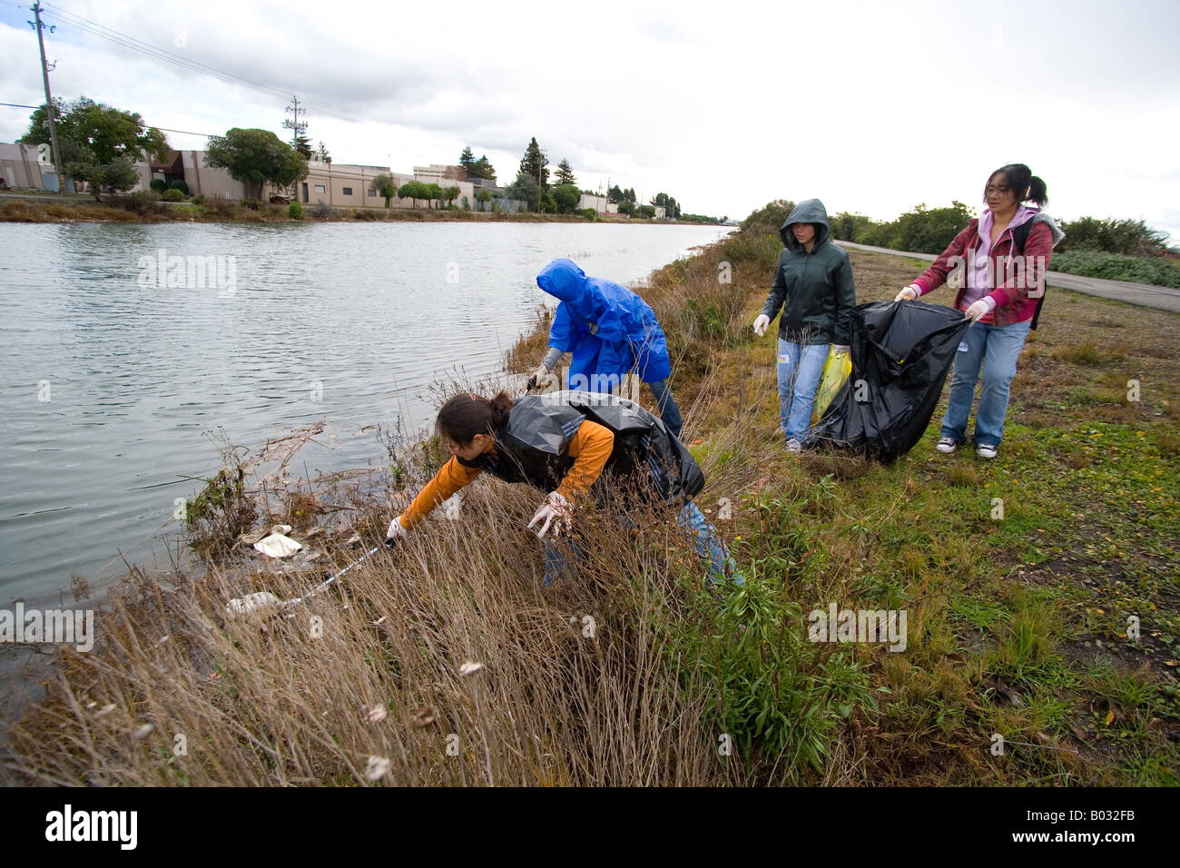cleaning trash out of a wetland area Stock Photo