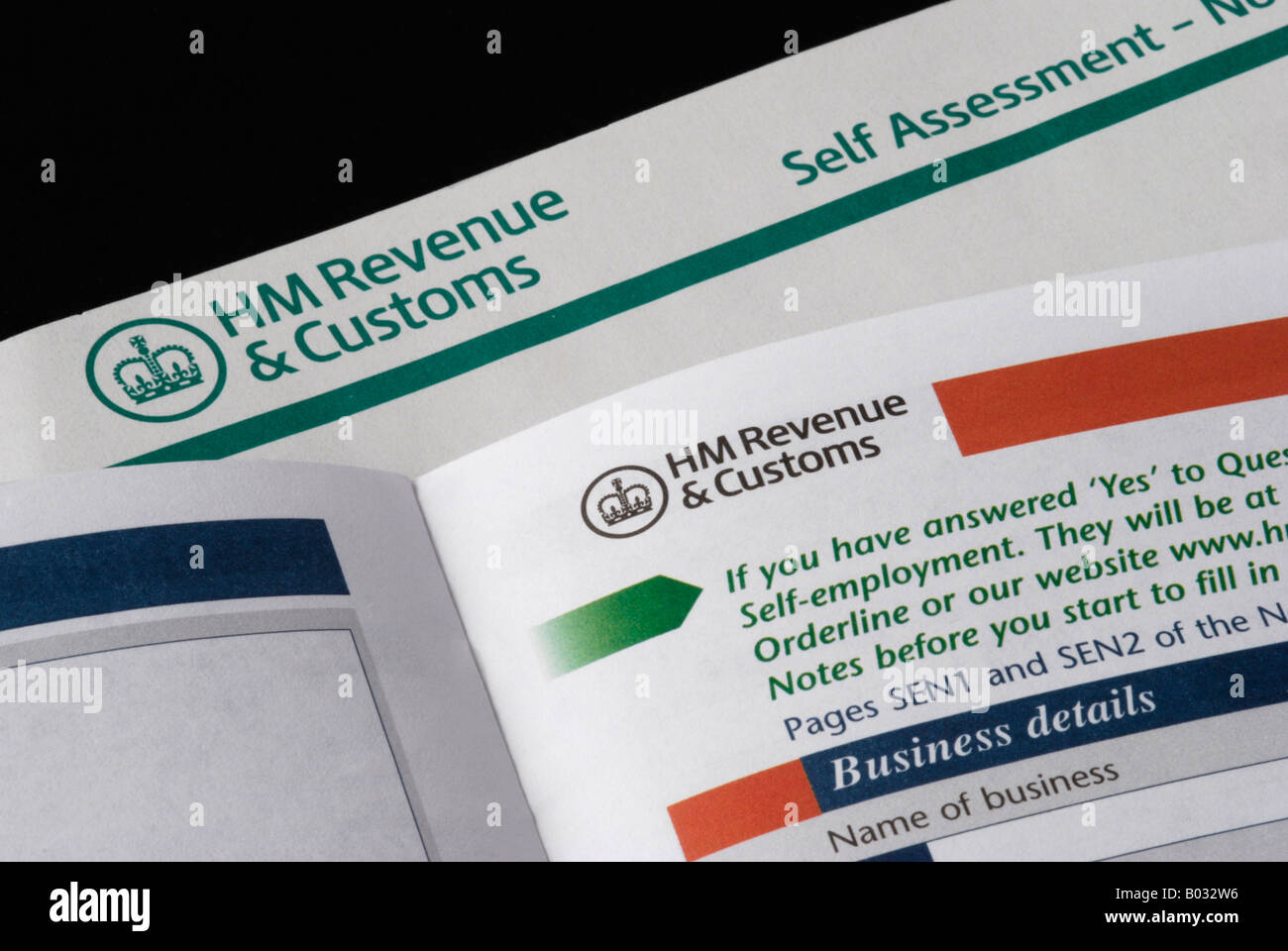 Self employment pages from HM Revenue and Customs UK tax return Stock Photo