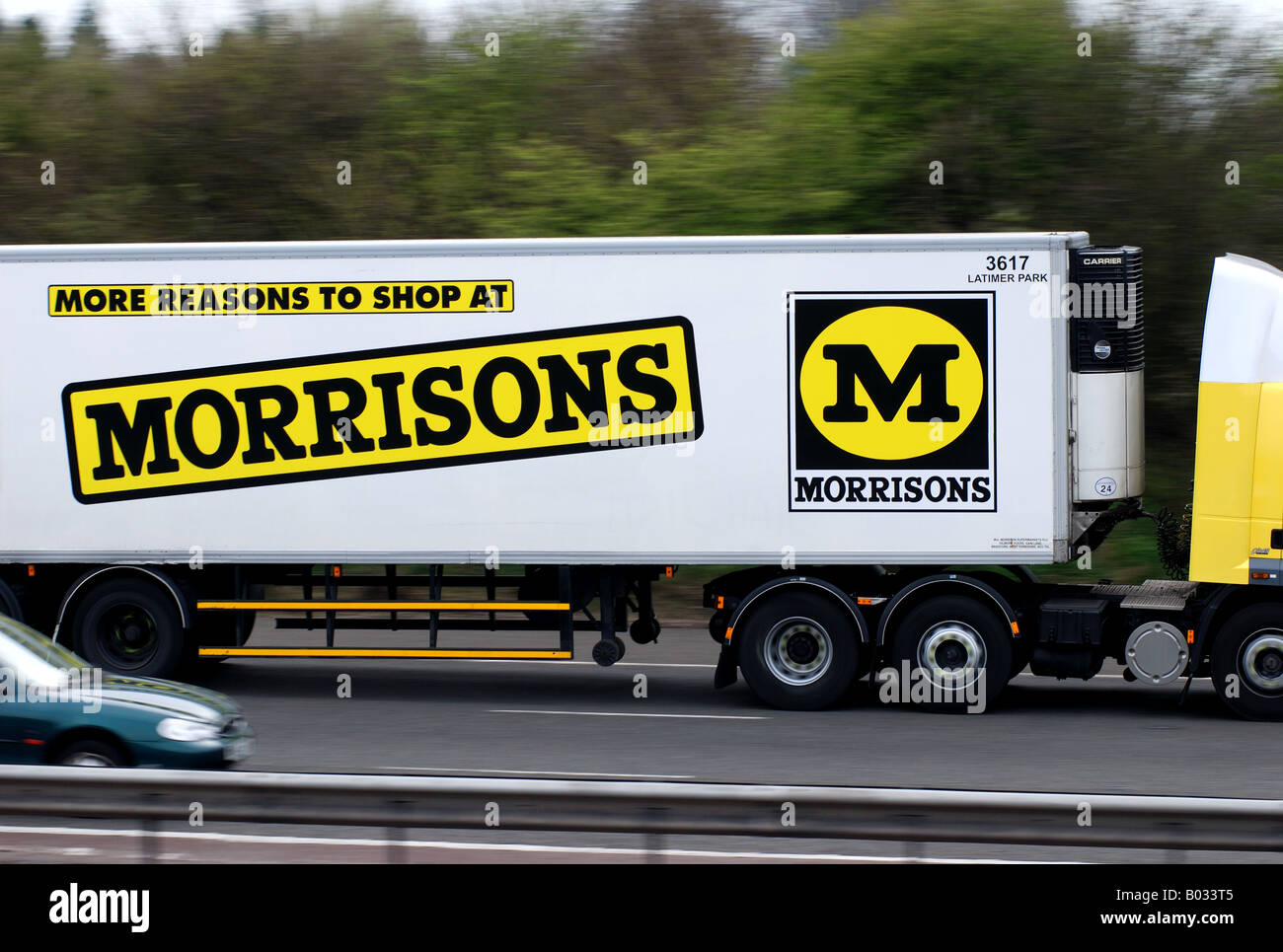 Morrisons lorry on M40 motorway, Warwickshire, England, UK Stock Photo