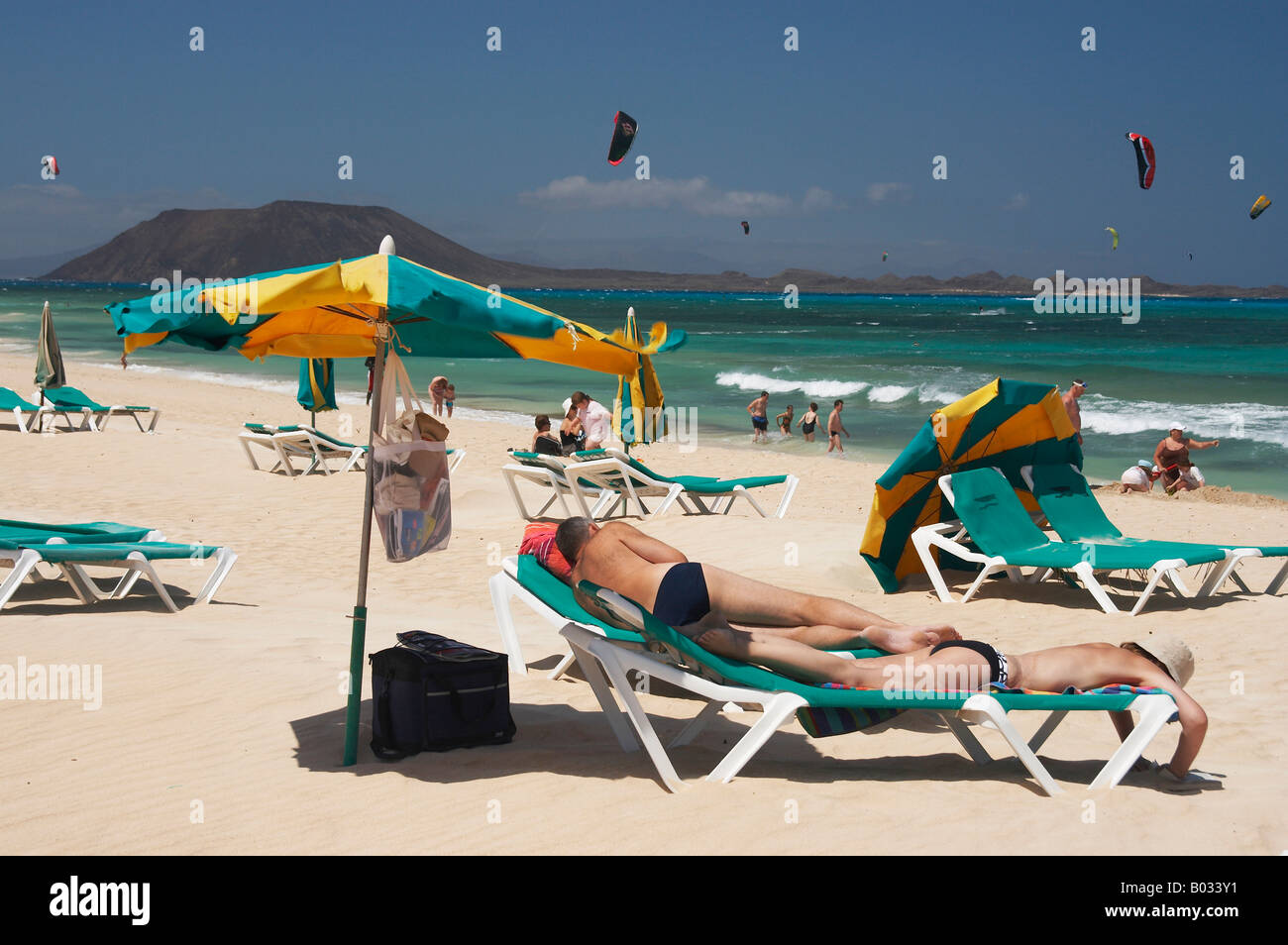 Kitesurfers & Sunbathers, Flag Beach, Corralejo, Fuerteventura. Island