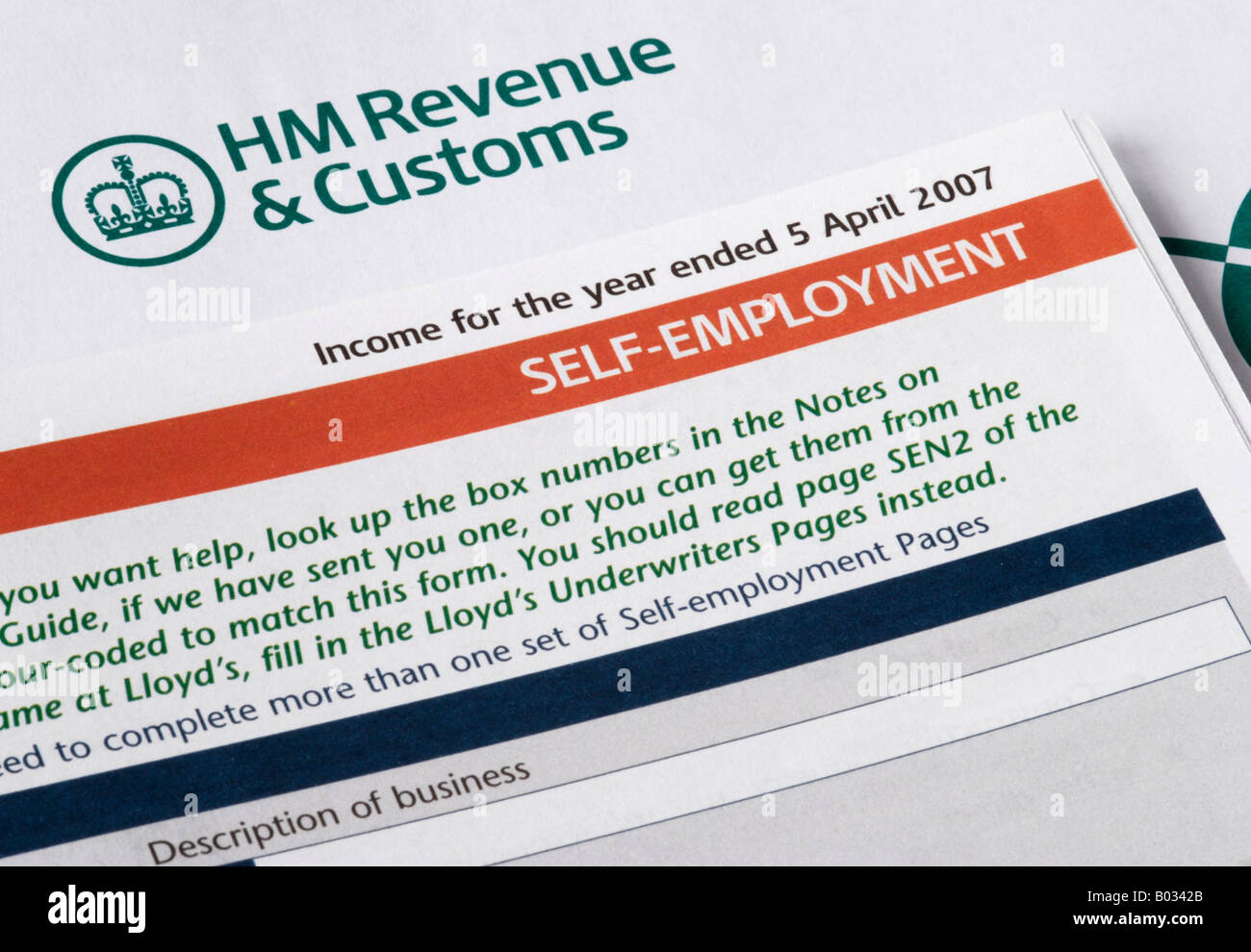Self employment pages from HM Revenue and Customs UK tax return Stock Photo