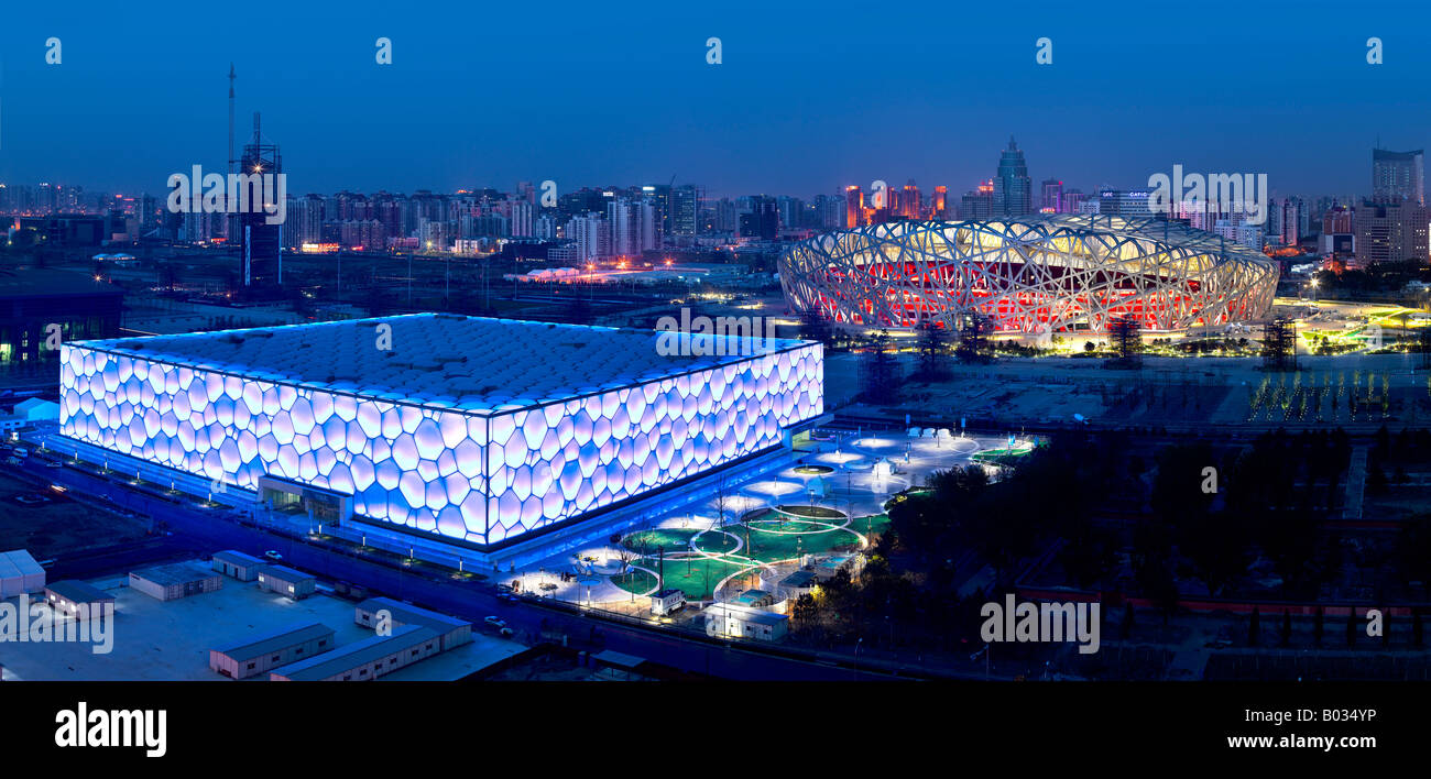 Birds Nest National Stadium and Water Cube National Aquatics Stadiums, 2008 Olympic Stadiums, Beijing. Stock Photo
