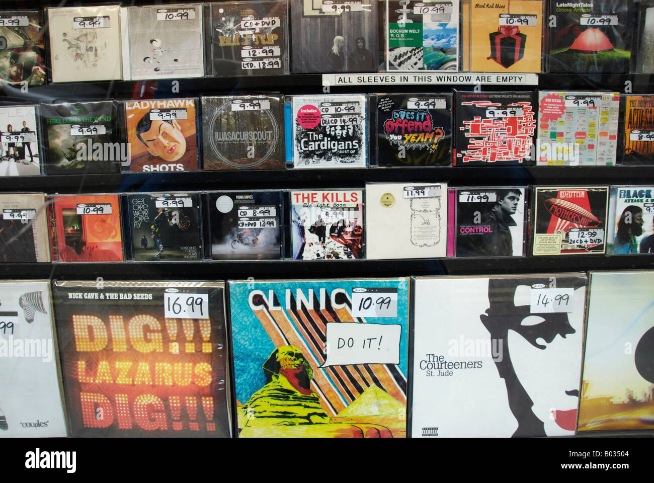 Music CD window display in alternative indie record shop London Stock Photo