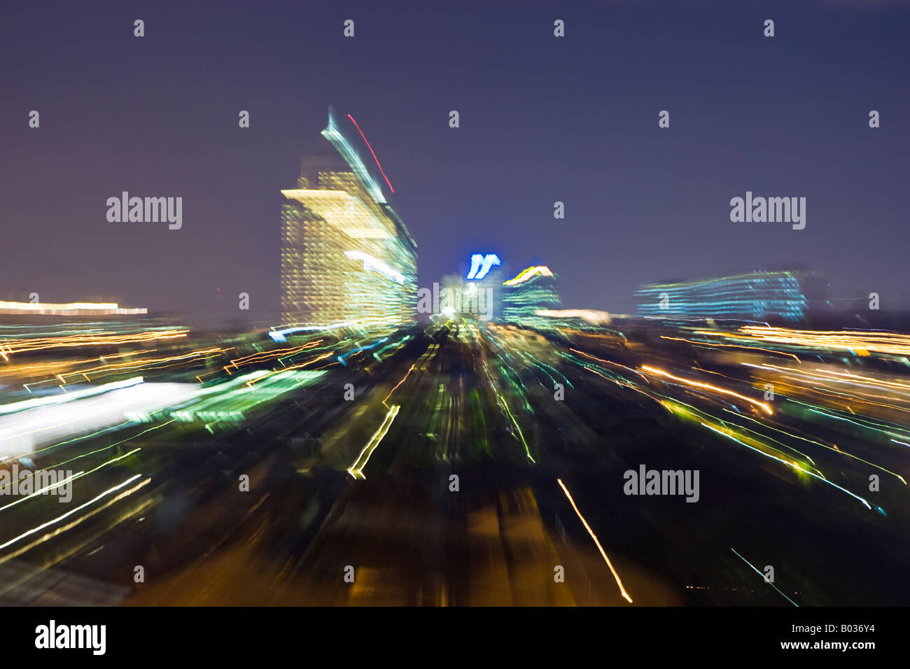 Blurred, abstract light trails of the city skyscrapers in Perth. To ...