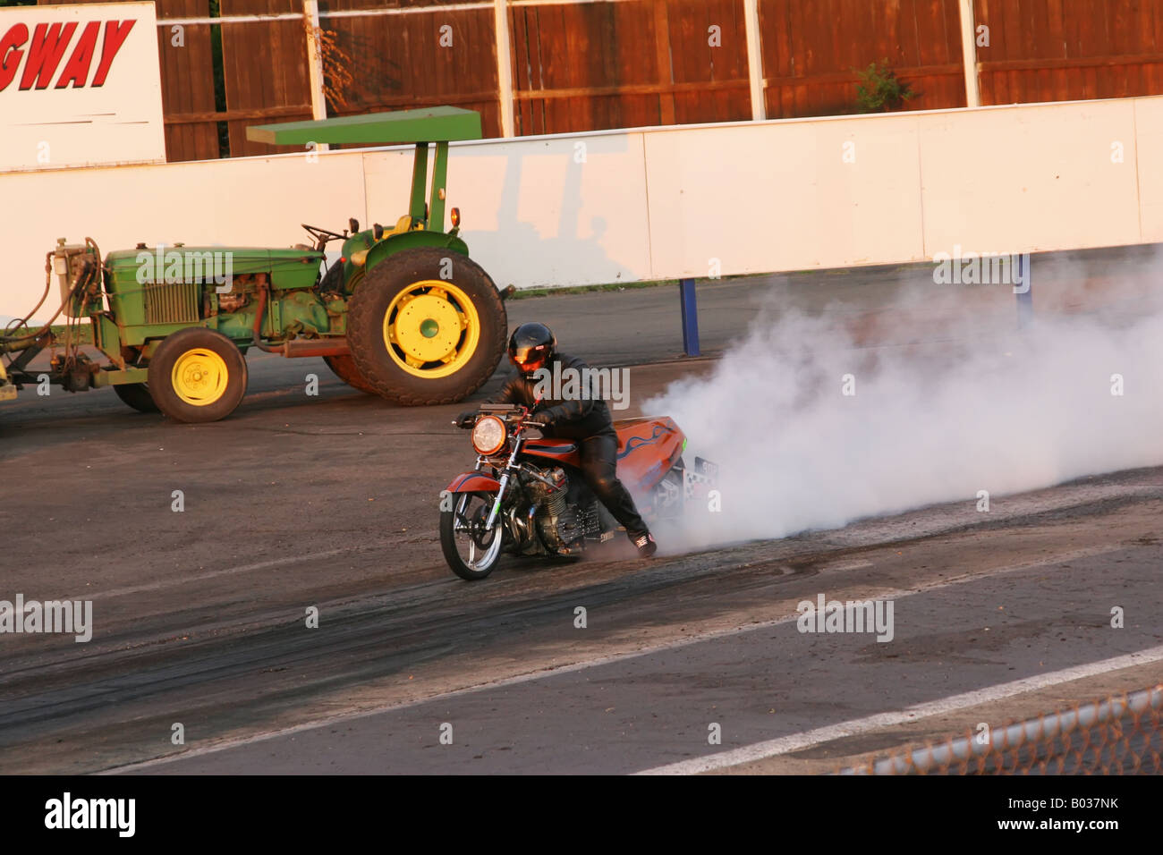 Tire Warmup Burnout Drag Race Motorcycle at Kil Kare Dragway Xenia or Dayton Ohio Stock Photo