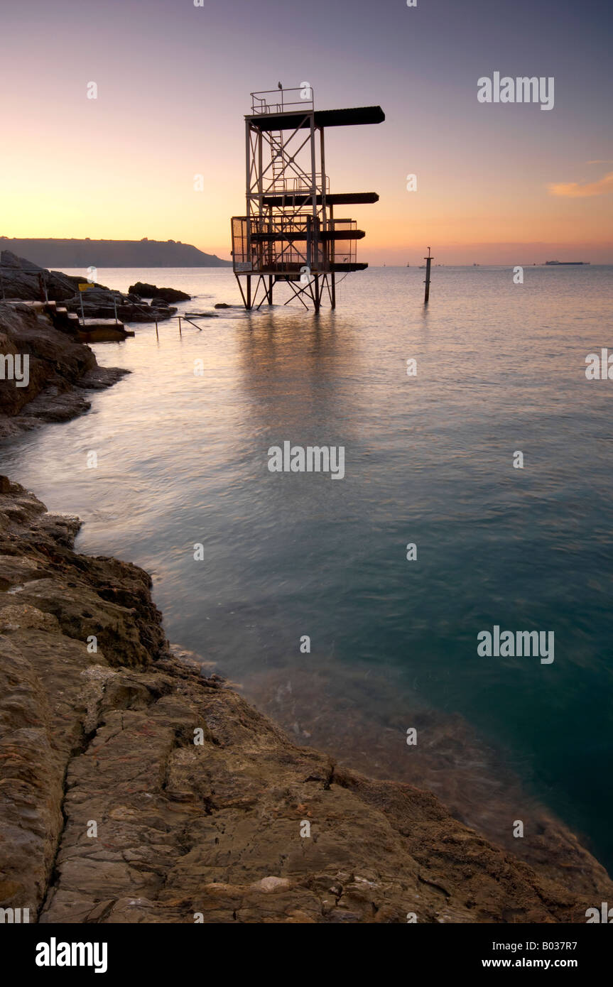 Diving board at dawn on the Art Deco seafront at Plymouth Hoe Devon UK