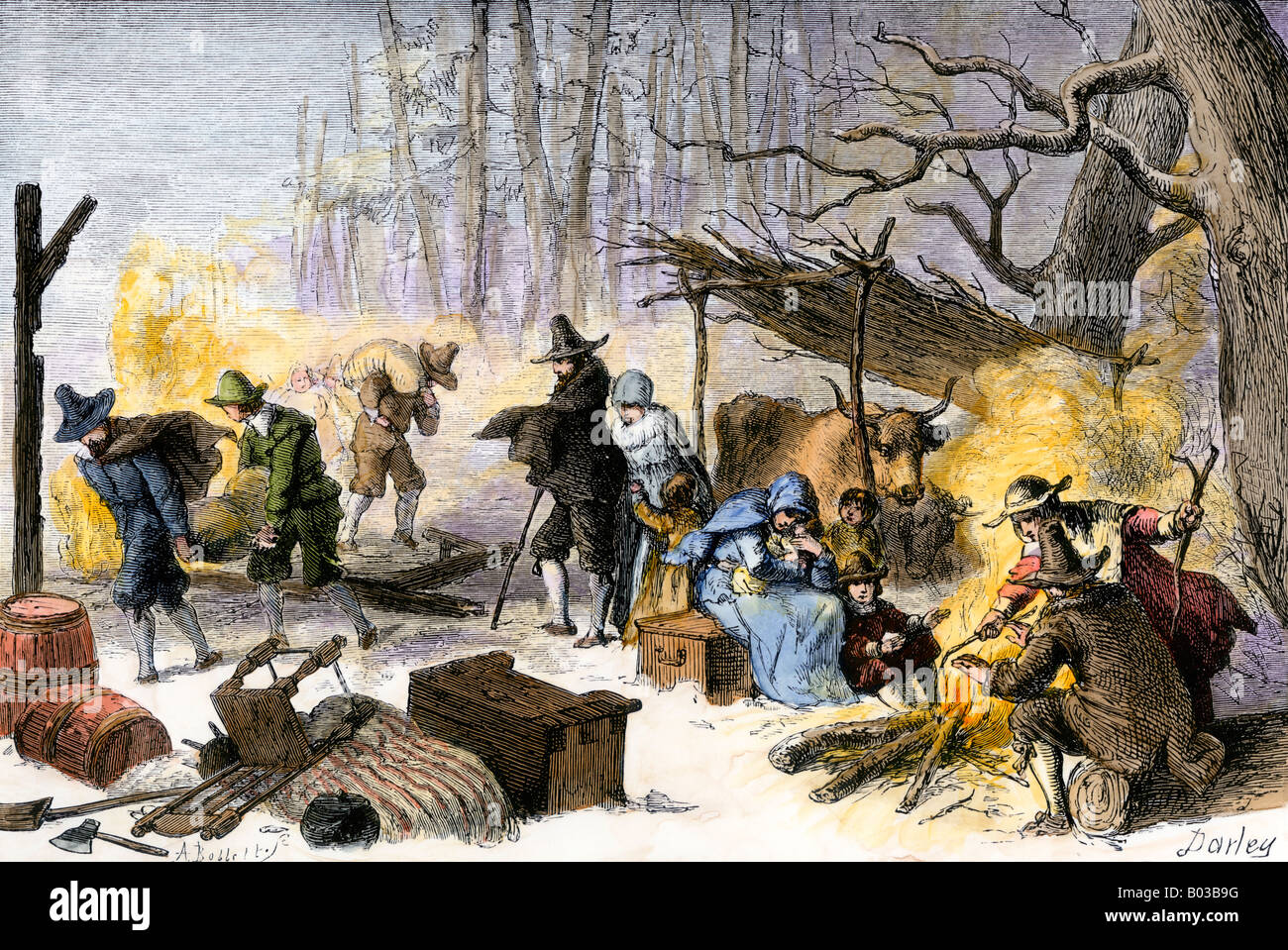 Puritan settlers arriving on the winter shores of Massachusetts. Hand-colored woodcut Stock Photo