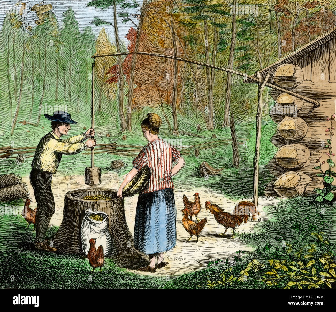 Frontier settlers using a homemade plumping mill to grind corn. Hand-colored woodcut Stock Photo