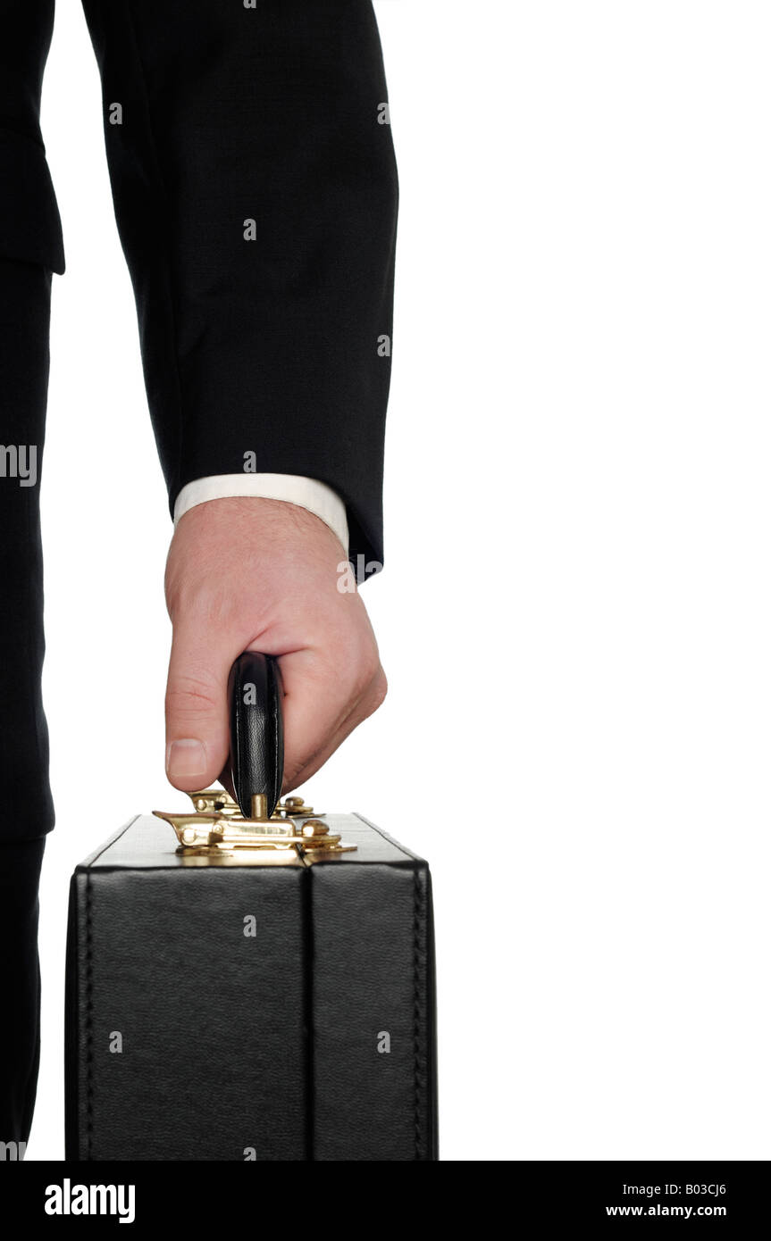 Businessman Carrying a Briefcase Close Up Against a White Background Stock Photo