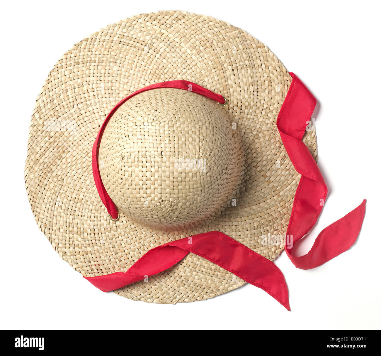 Straw Hat Sun garden bonnet with red ribbon Stock Photo