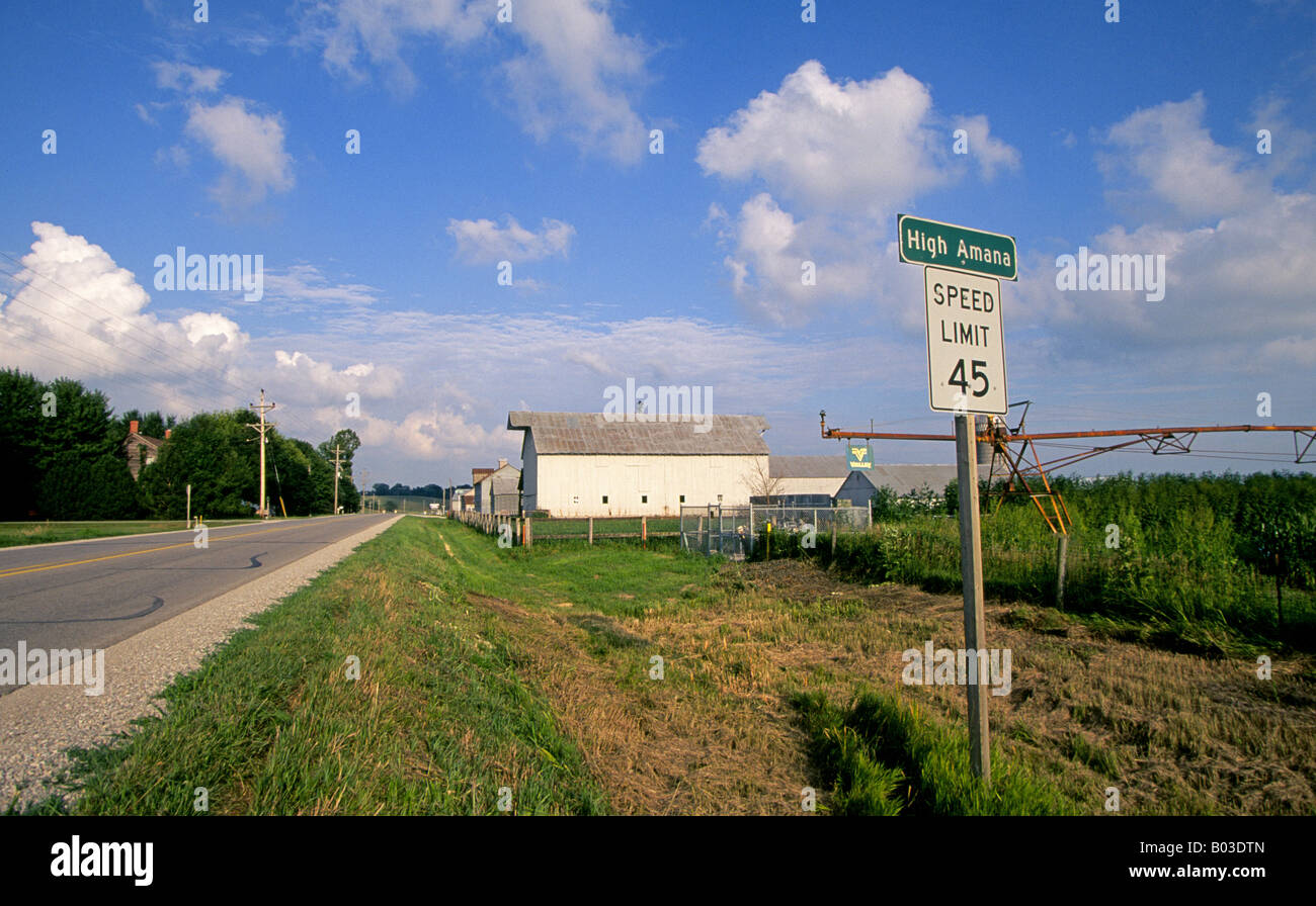 A road runs into High Amana one of the Amana Colonies in the farm country of Middle America Stock Photo
