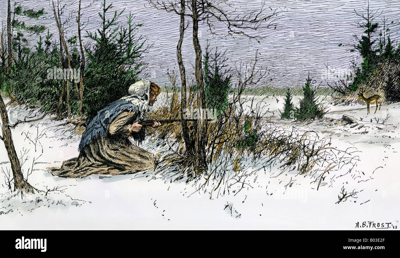 Pioneer woman hunting deer in winter to feed her children. Hand-colored woodcut of an A. B. Frost illustration Stock Photo