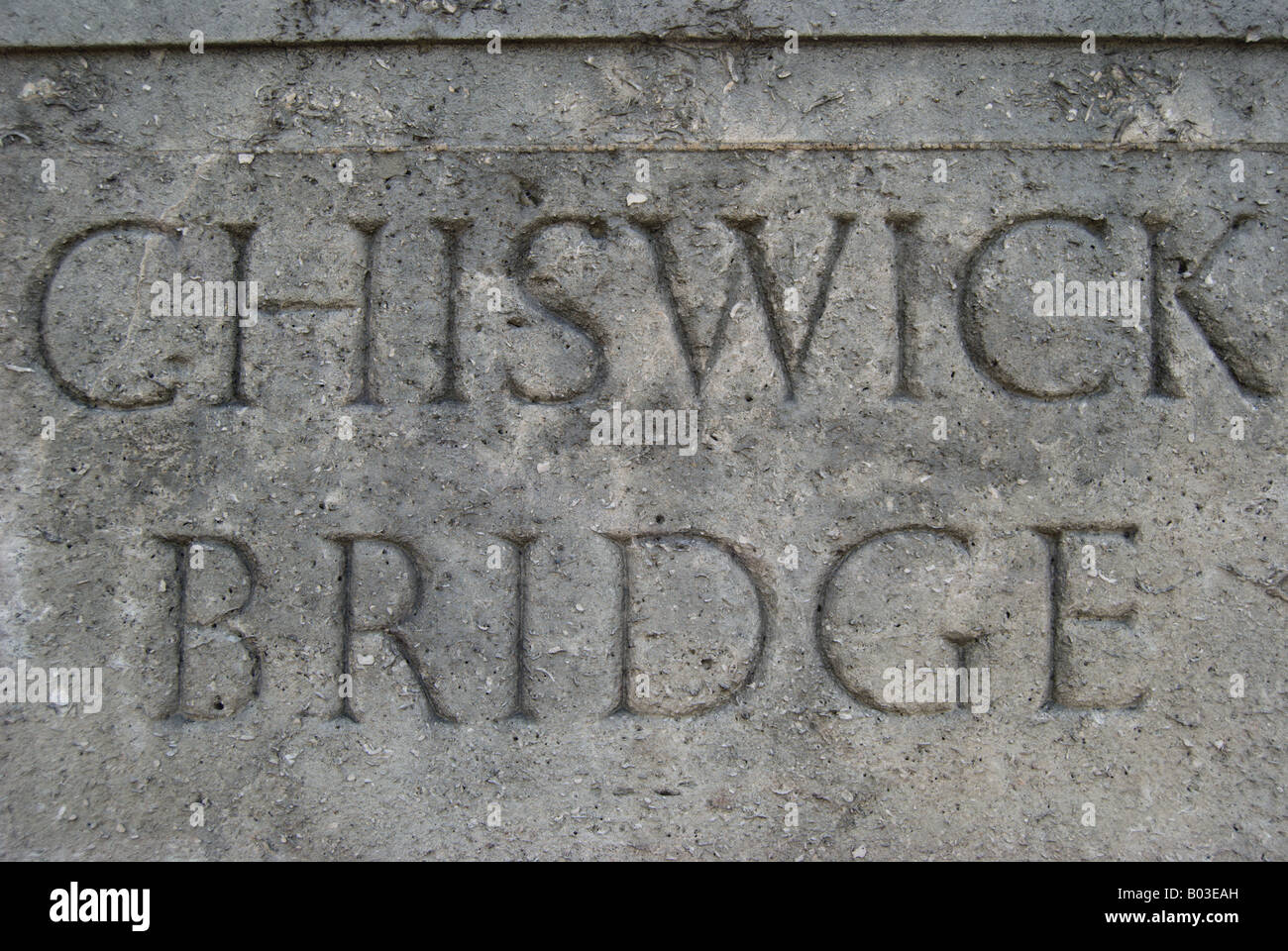 the name of chiswick bridge, which crosses the river thames in southwest london, chiselled into the brdige's portland stone Stock Photo