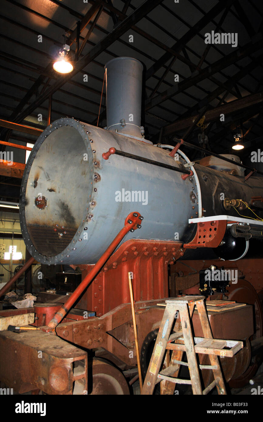 Southern Railways #401 train engine undergoing restoration at the Monticello Railway Museum shed shop. Stock Photo