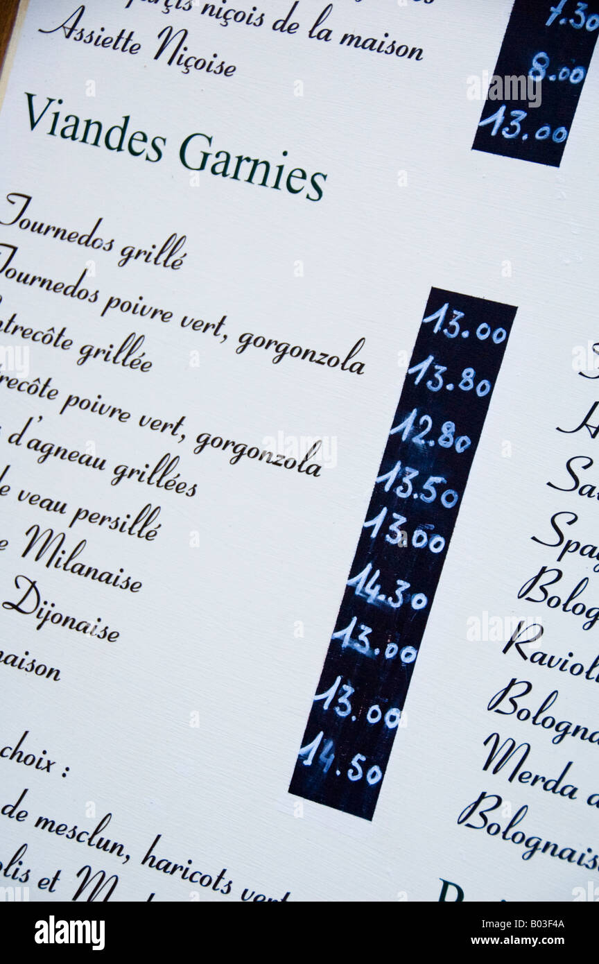 a menu in a restaurant in Nice, South France Stock Photo