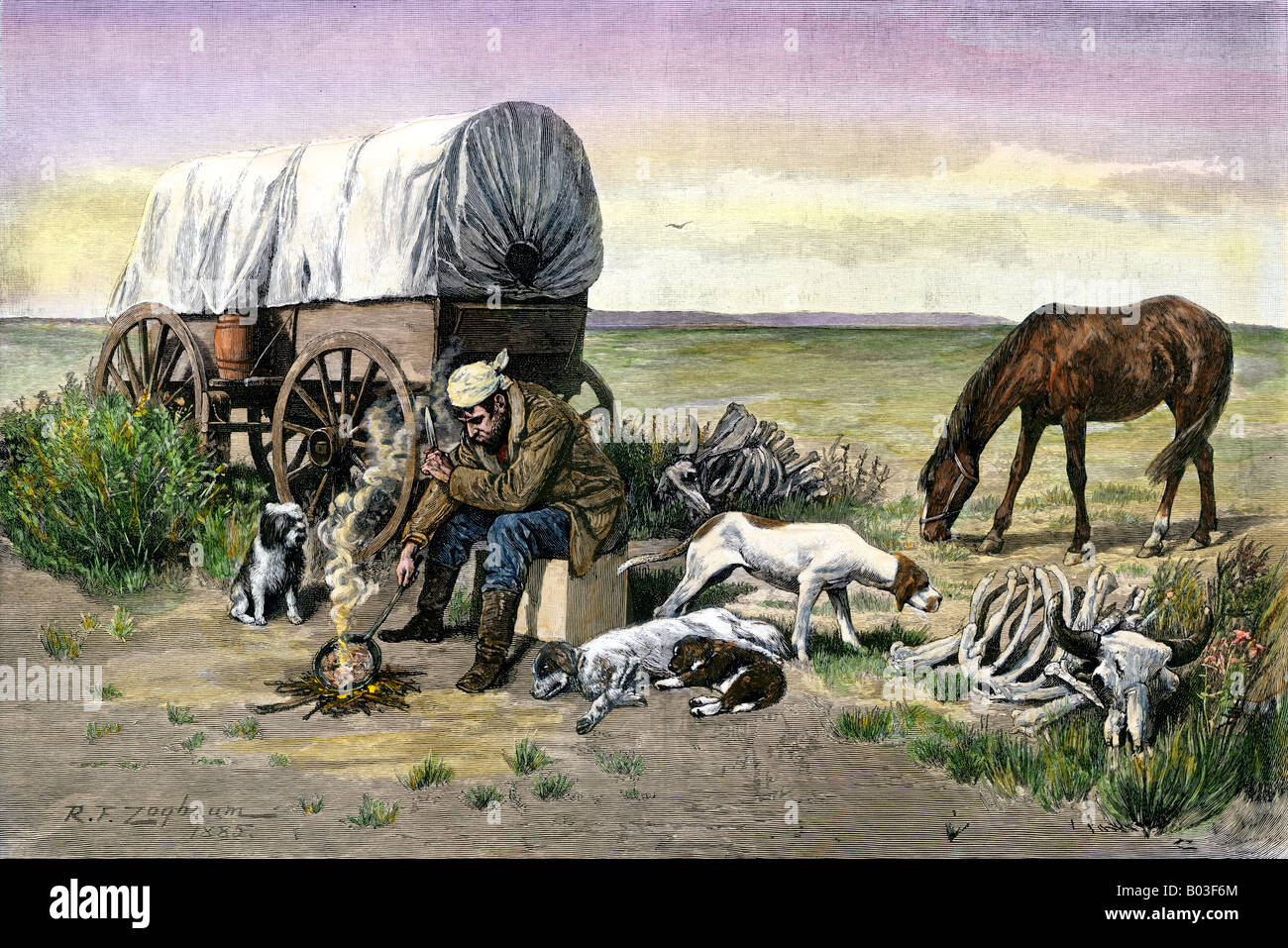 Man and his dogs camped by their covered wagon on the Great Plains. Hand-colored woodcut Stock Photo