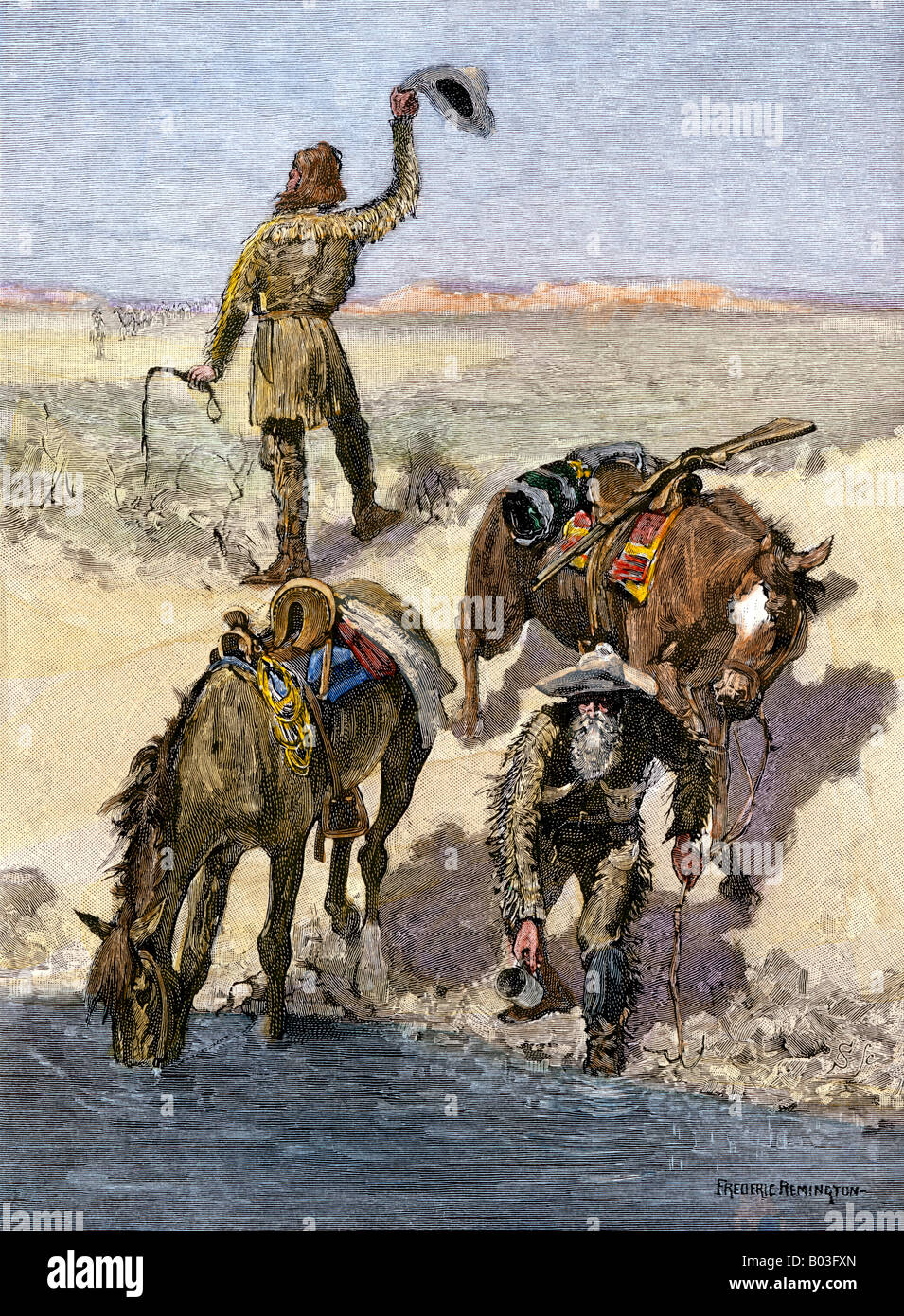 Scout signaling to a wagon train that water is found. Hand-colored woodcut of a Frederic Remington illustration Stock Photo