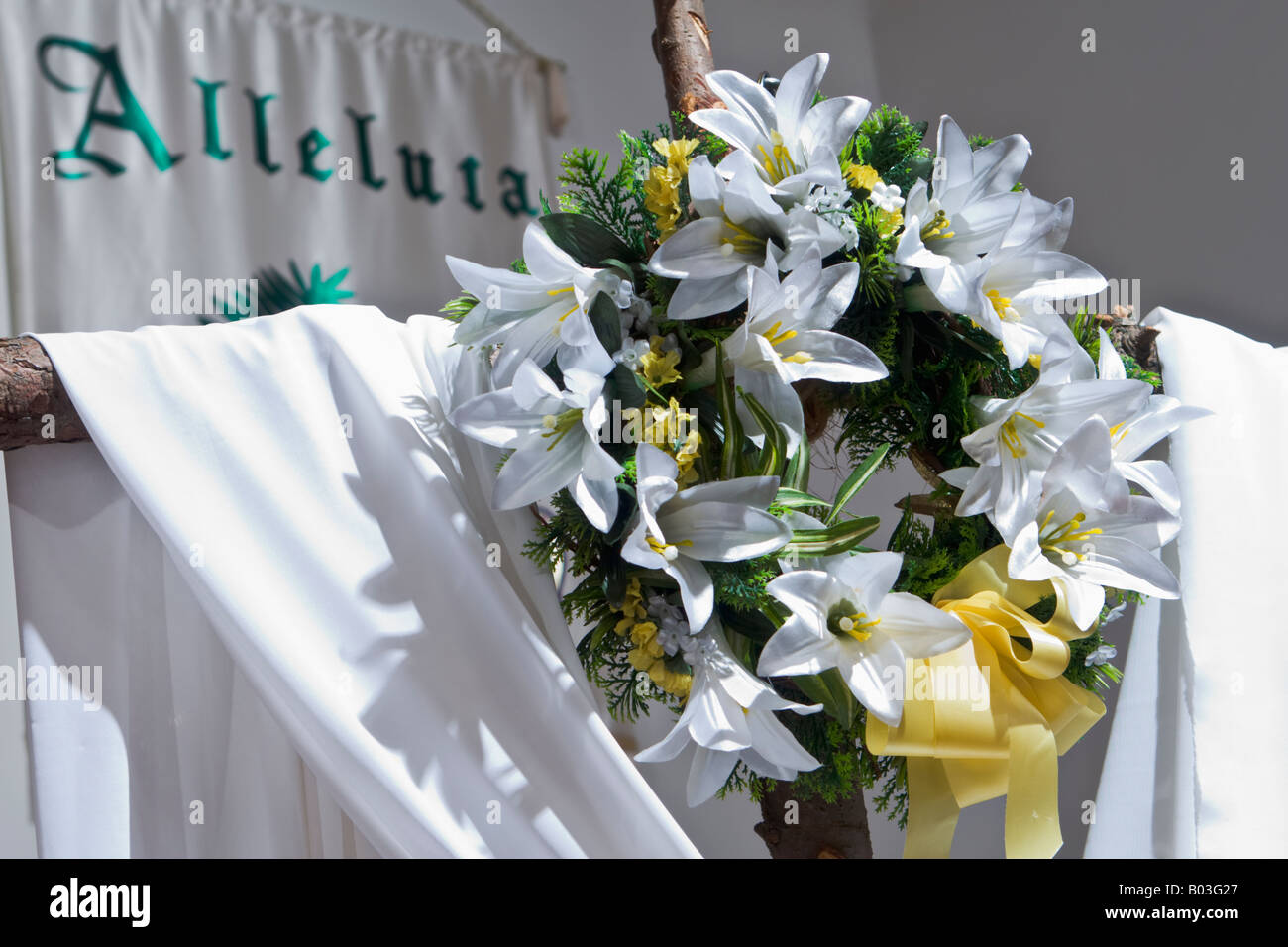 Easter decorations, robe and lilies, from Lutheran church Stock Photo