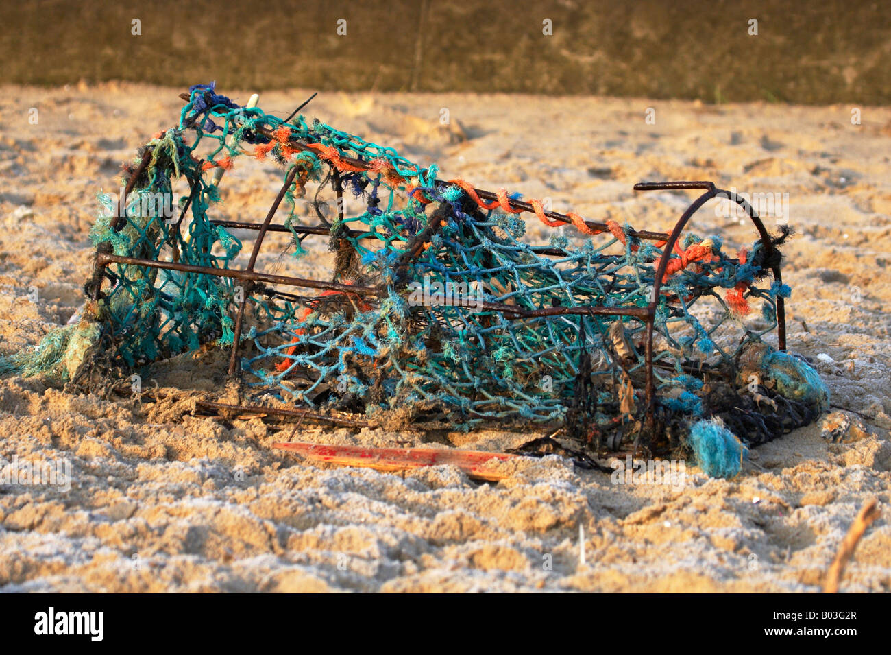 Washed up damaged crab net on Cromer Beach on the Norfolk Coast Stock Photo