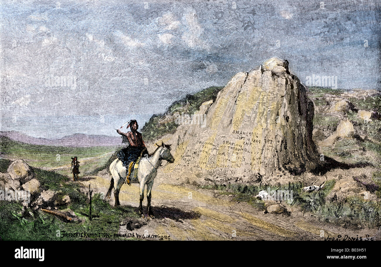 Register Rock, an Oregon Trail landmark in Idaho 1800s. Hand-colored woodcut of a Frederic Remington illustration Stock Photo