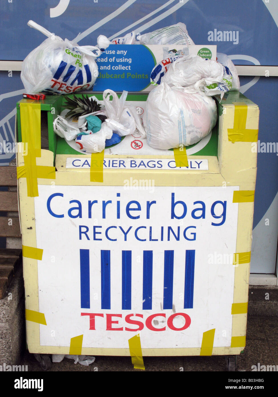 UK Plastic carrier bags recycling bins in Tesco supermarket Hackney, east London. Photo Etchart Stock Photo -