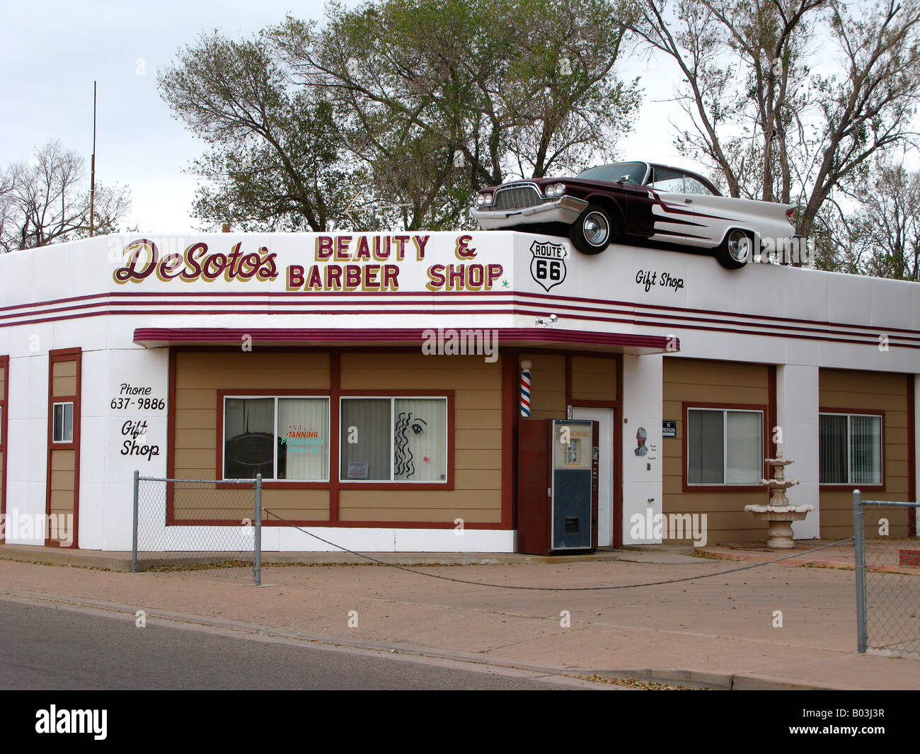 Vintage DeSoto car on top of business with same name, Ashfork, Arizona, USA Stock Photo
