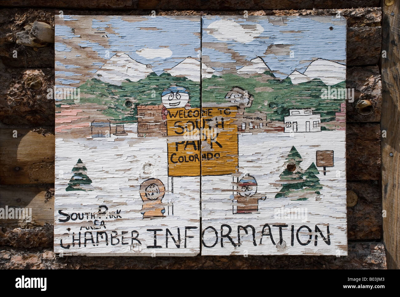 South Park cartoon characters painted on wooden sign in Fairplay, Colorado, USA Stock Photo