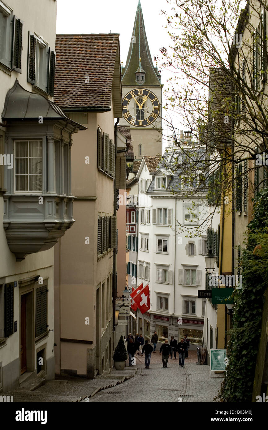 view from Lindenhof Zurich down towards St Peter's church clock Stock Photo