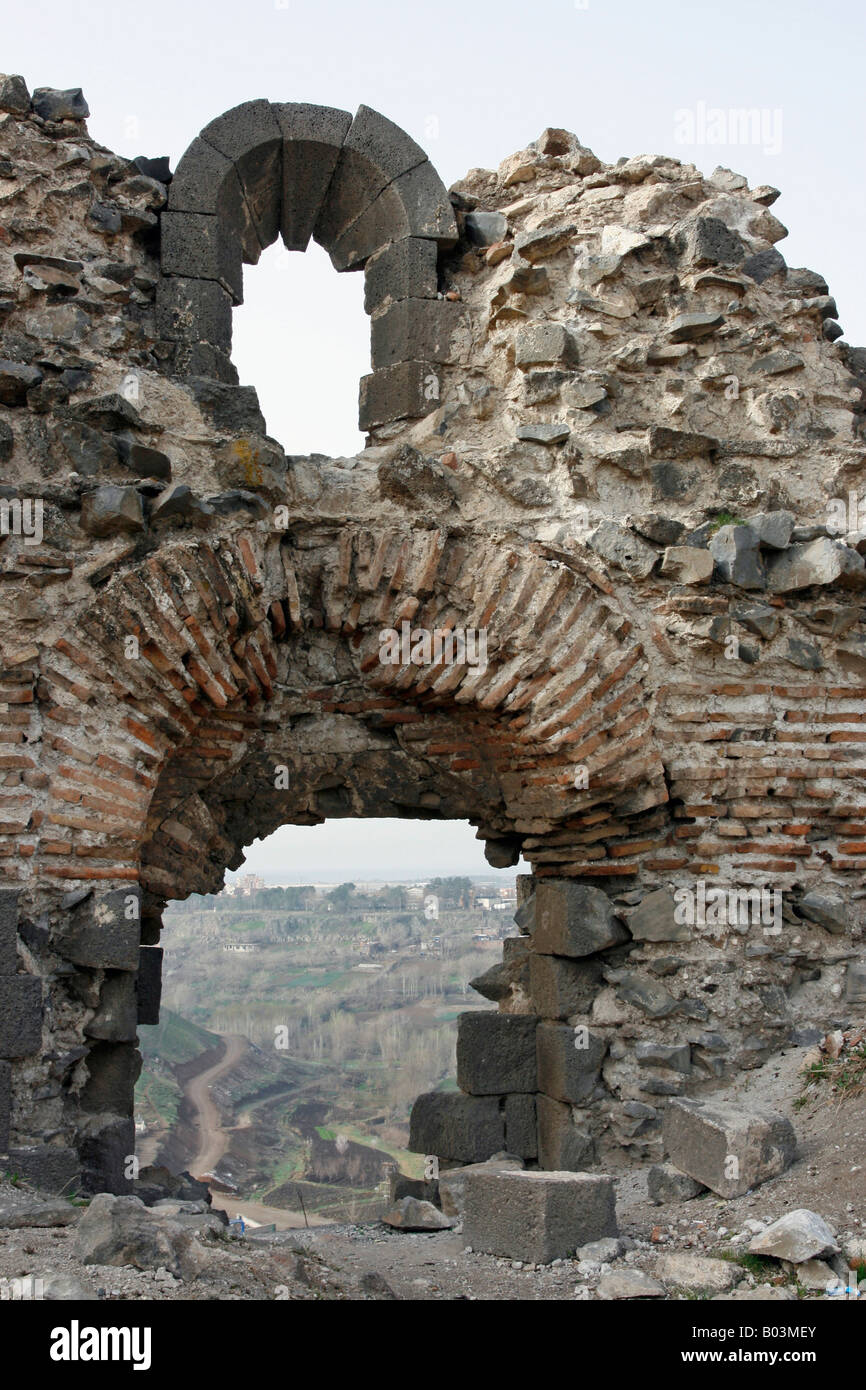 A view of farmland from a ruined bastion in the city walls of Diyarbakir Turkey Stock Photo