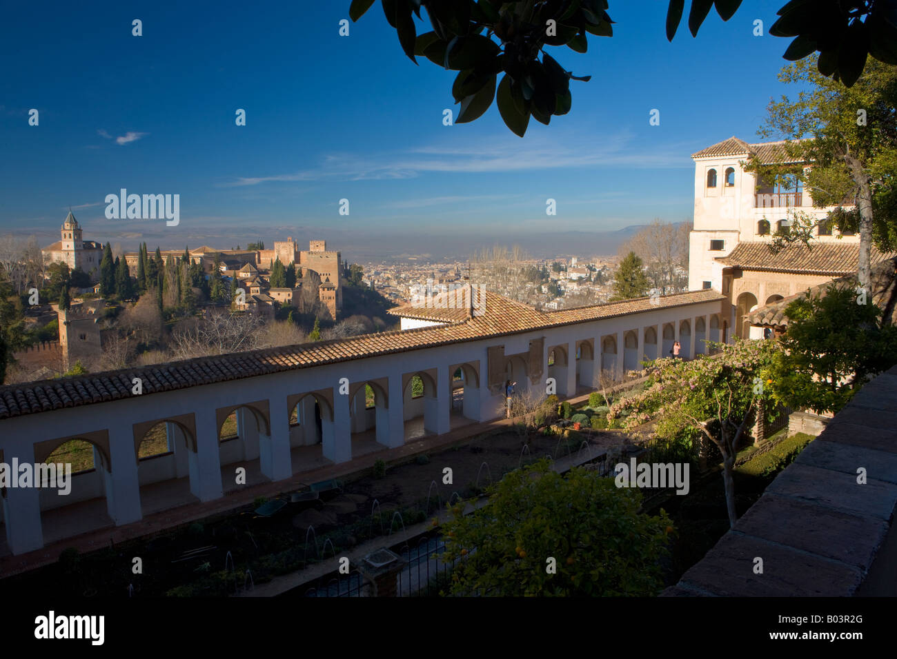 View of The Alhambra (La Alhambra) and Albayzin (old town) district seen from the Upper Gardens of the Generalife Stock Photo