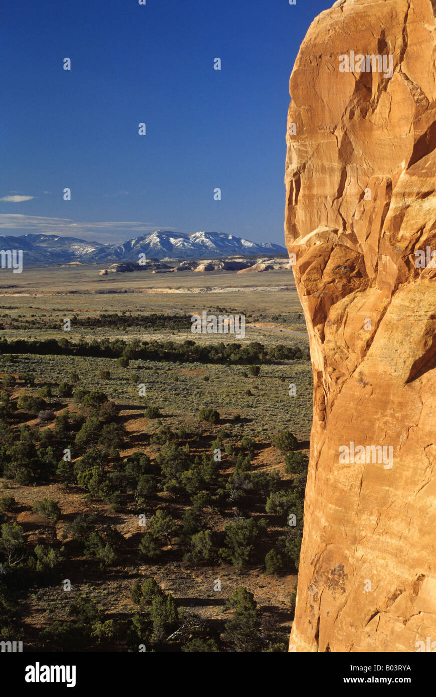 The Abajo Mountains from Wilson Arch, Utah  USA Stock Photo