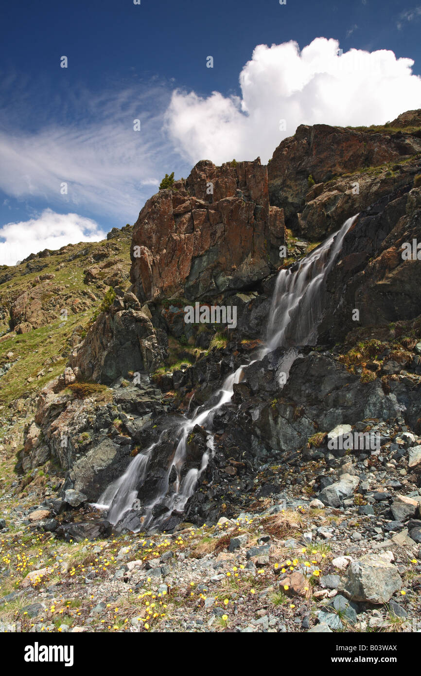 waterfall cascade stone rock snow coltsfoot coughwort foalfoot moutain spring blue sky clouds Grisons Switzerland Stock Photo