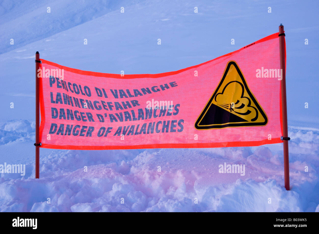 Deep snow and an avalanche warning above Passo del Tonale Italy Stock Photo