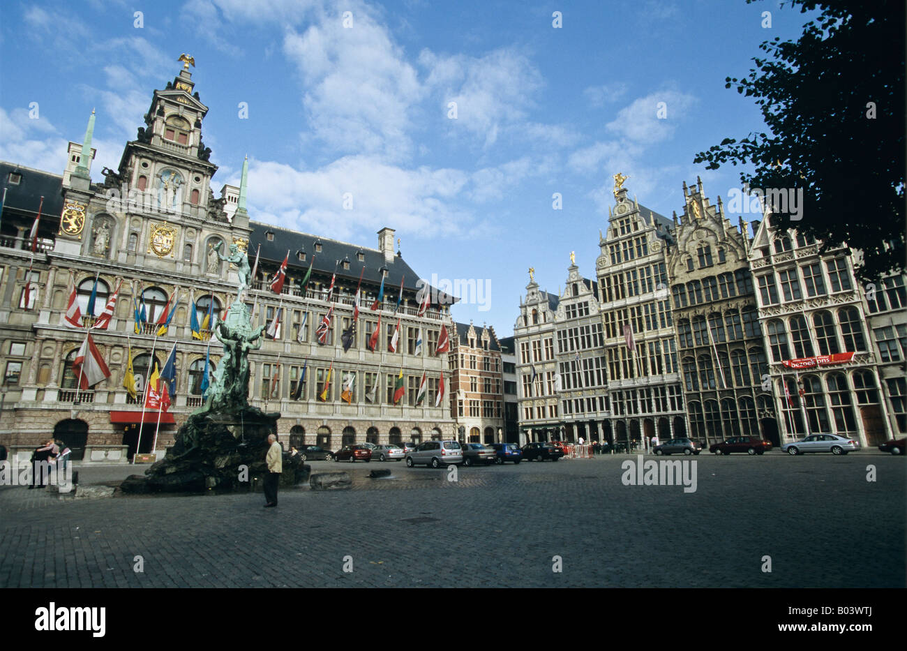 The Town Hall of Antwerp Belgium on the Groote Markt with the statue of Brabo in foreground Stock Photo