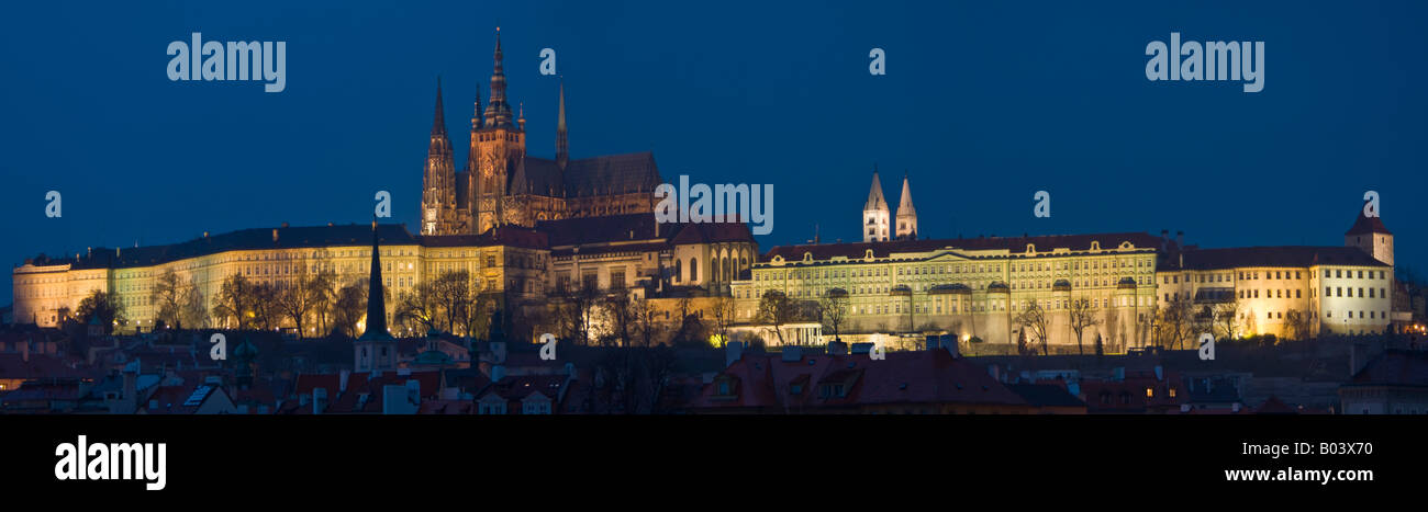 A 3 picture panoramic stitch evening night view of Saint Vitus's Cathedral located within the grounds of Prague Castle. Stock Photo